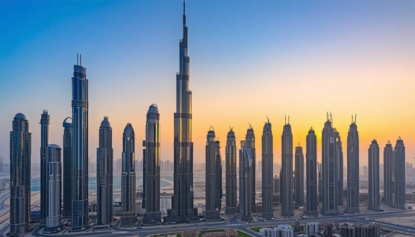 Dubai skyline with Burj Khalifa at sunset